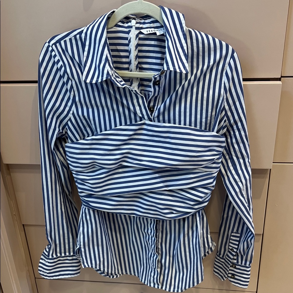 Veronica Beard Navy and White Striped Button Down Shirt Wrap Corset look